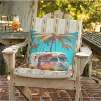 Retro RV and Palm Trees Outdoor Pillow