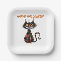 Creepy Black and Orange Cat Halloween Paper Plates