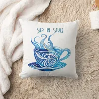 Artistic Blue Coffee Cup with Swirling Patterns Throw Pillow