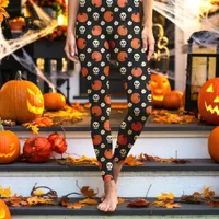 Halloween Skulls, Pumpkins, and Flowers Black Leggings