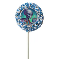 Alien holding Birthday Cake  Chocolate Covered Oreo Pop