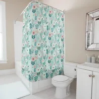 Pretty Blue and Pink Pastel Folk Art Flowers Shower Curtain