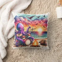 Colorful Octopus Playing Drums at Sunset Beach Throw Pillow