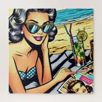 Beautiful Retro Lady at the Beach with Cocktail Jigsaw Puzzle