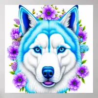 Husky Dog with Blue Eyes and Flowers   Poster