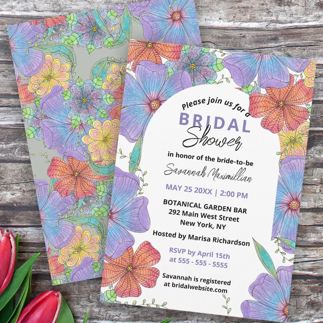 Lively Purple Orange Boho Blooms Bridal Shower Invitation