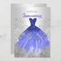 Silver Royal Blue Sparkle Dress Quincea&#241;era  Invitation