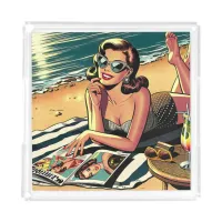 Retro Woman at Beach reading a Fashion Magazine Acrylic Tray