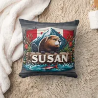 Rustic Beaver by Snowy Mountain Throw Pillow