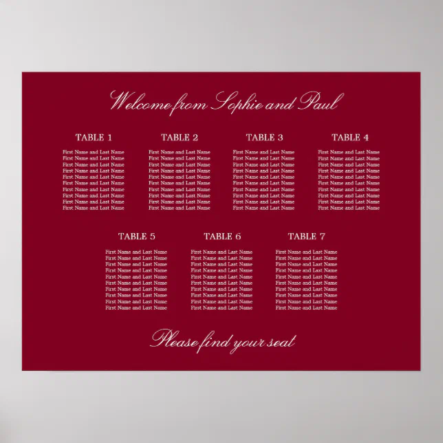 Burgundy 7 Table Wedding Seating Chart Poster