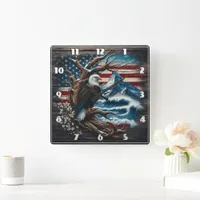 American Bald Eagle Against Mountain Backdrop Square Wall Clock