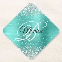 Silver Glitter Turquoise Fancy Monogram Diamond Paper Coaster