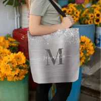 Signature Dark Grey Monogram Silver Foil Glitter Tote Bag