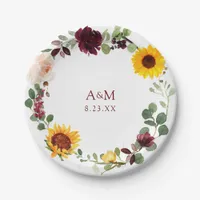 Fall Wedding Bridal Shower Sunflowers Burgundy Paper Plates