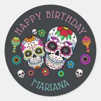 Personalized Day of the Dead Theme Birthday Party Classic Round Sticker