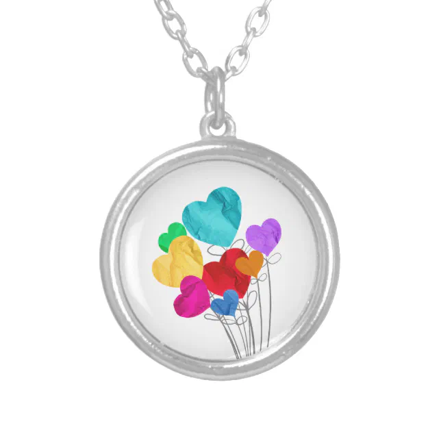 Colorful heart-shape balloons silver plated necklace