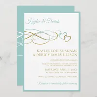 Hearts  Wedding Invitations | Lt Turquoise & Gold