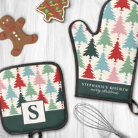 Christmas Tree Pattern Multicolor Monogrammed Oven Mitt & Pot Holder Set