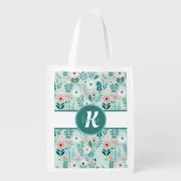 Pretty Blue and Pink Pastel Folk Art Flowers Grocery Bag