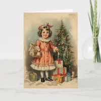 Vintage Style Cute Girl with Gifts Christmas Card