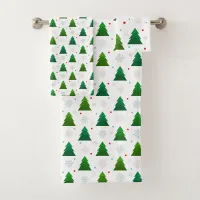 Christmas tree forest, snowflakes, red blue dots bath towel set