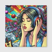 Girl Listening to Music on Headphones Psychedelic Magnet