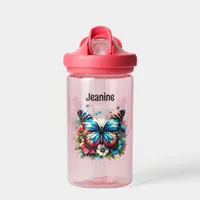 Pretty Blue Butterfly and Flowers Personalized Water Bottle