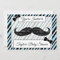 Blue & Black Striped Mustache Baby Shower Invite