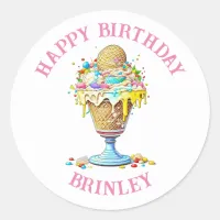 Personalized Happy Birthday | Ice Cream Sundae Classic Round Sticker