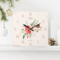 Farmhouse Christmas Winter Poinsettia Rustic Square Wall Clock