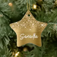 Glittery Gold Glam Brush Script Name Ceramic Ornament