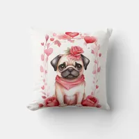 Pug and Flowers Throw Pillow