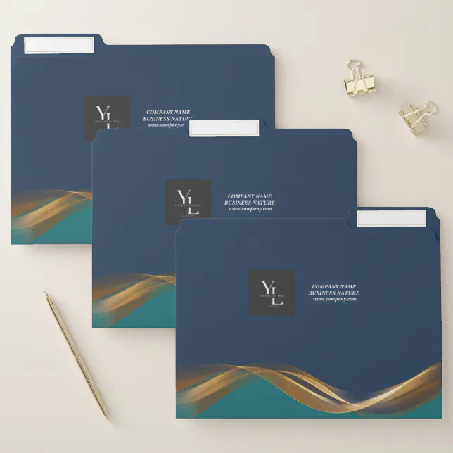 Elegant Gold Wave Blue Teal Business Logo File Folder