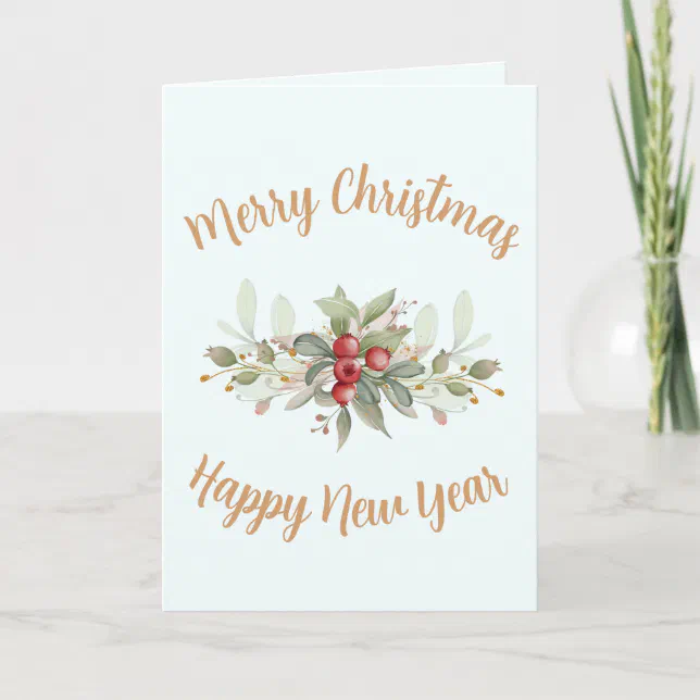 Merry Christmas Berries Gold Script Custom Photo Card
