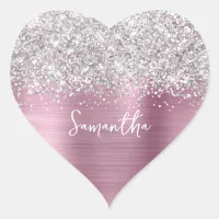 Silver Glitter Light Pink Glam Name Heart Sticker