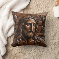 Jesus Carved in Wood Surrounded by Mountains Throw Pillow