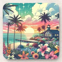 Pink and Turquoise Paradise | Beach Art Beverage Coaster