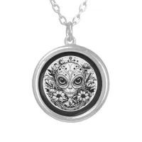 Extraterrestrial Alien in Flowers  Silver Plated Necklace