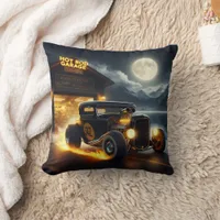 Vintage hot rod racing under a full moon at night throw pillow