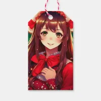 Beautiful Anime Girl in Festive Red Christmas Gift Tags