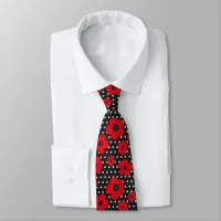 Colourful Red Poppies and Polka Dot Patterned Neck Tie