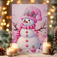 Cute Festive Pink Snowman Christmas Holiday Card