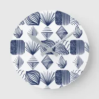 Bold Caribbean Tribal Mudcloth: White, Navy Blue Round Clock