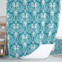 Damask Seahorses Ocean Sea Life Coastal Pattern Shower Curtain