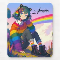 LGBTQIA+ Anime Girl Lesbian Pride Personalized Mouse Pad