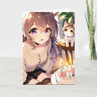 Pretty Anime Girl with Kitten and Birthday Cake Card