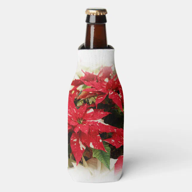 Festive Red White Floral Poinsettias Bottle Cooler