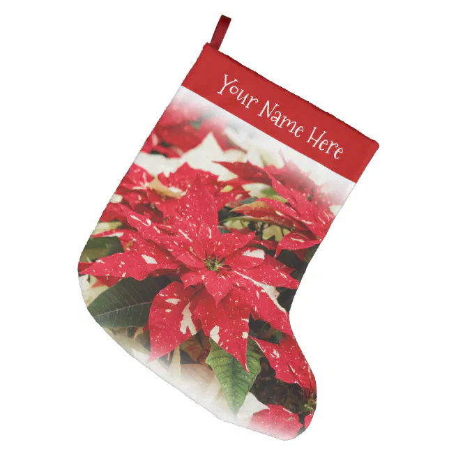 Festive Red White Floral Poinsettias Large Christmas Stocking