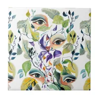 Handpainted Elegant Feminine Eyes Colorful Leaves  Ceramic Tile