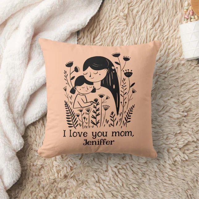 Cute Mother & Daughter Hugging Mother's Day Peach Throw Pillow